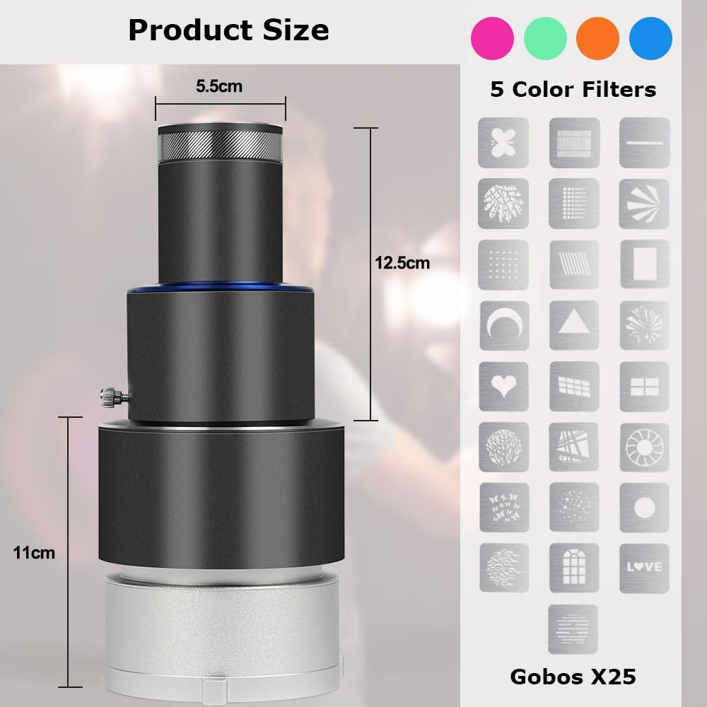 Snoot Bowens Mount Proiettore con 25 Gobos e 4 Filtri Colori, per Aputure Amaran 100X/D 200D/X, Godox SL60, Snoot per fotografia ottica Spotlight
