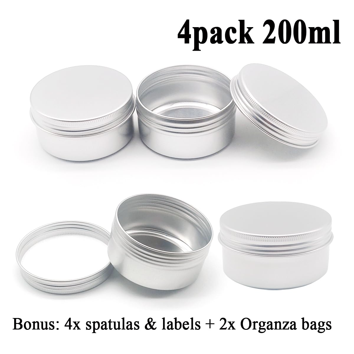 4 barattoli rotondi da 200 ml, contenitori in alluminio per campioni di cosmetici con coperchio a vite, 200 g, in metallo argentato, barattoli vuoti da viaggio per unguenti, balsami per