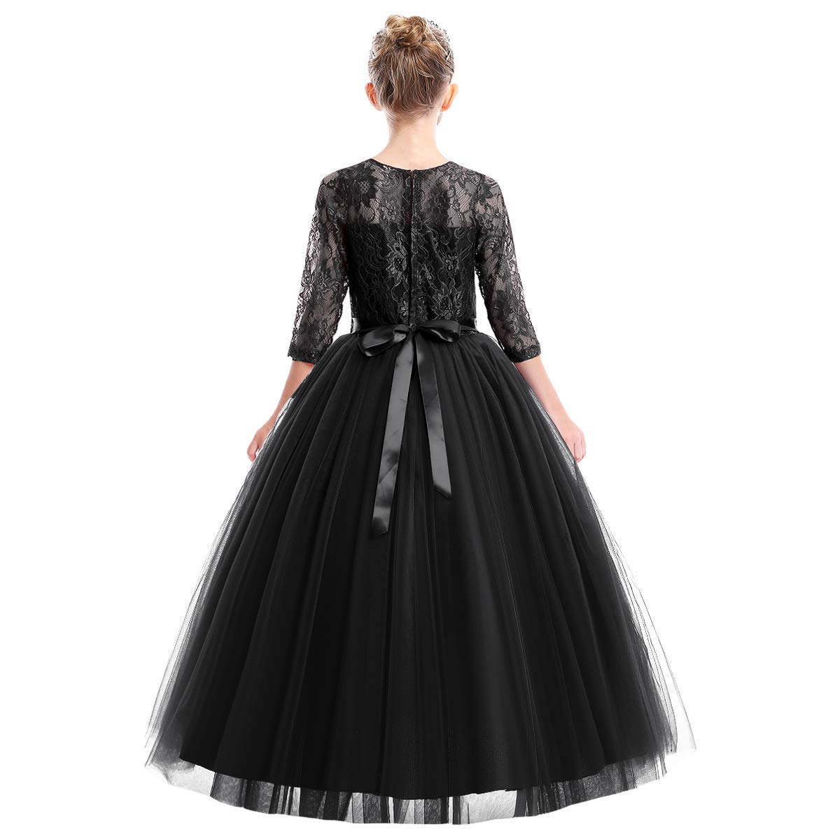 ABEHIK Vestito da principessa per ragazze con fiori in pizzo, abito da principessa, maniche a sette quarti, abito da sera floreale per bambini, in tulle festivo, maxi abito da festa