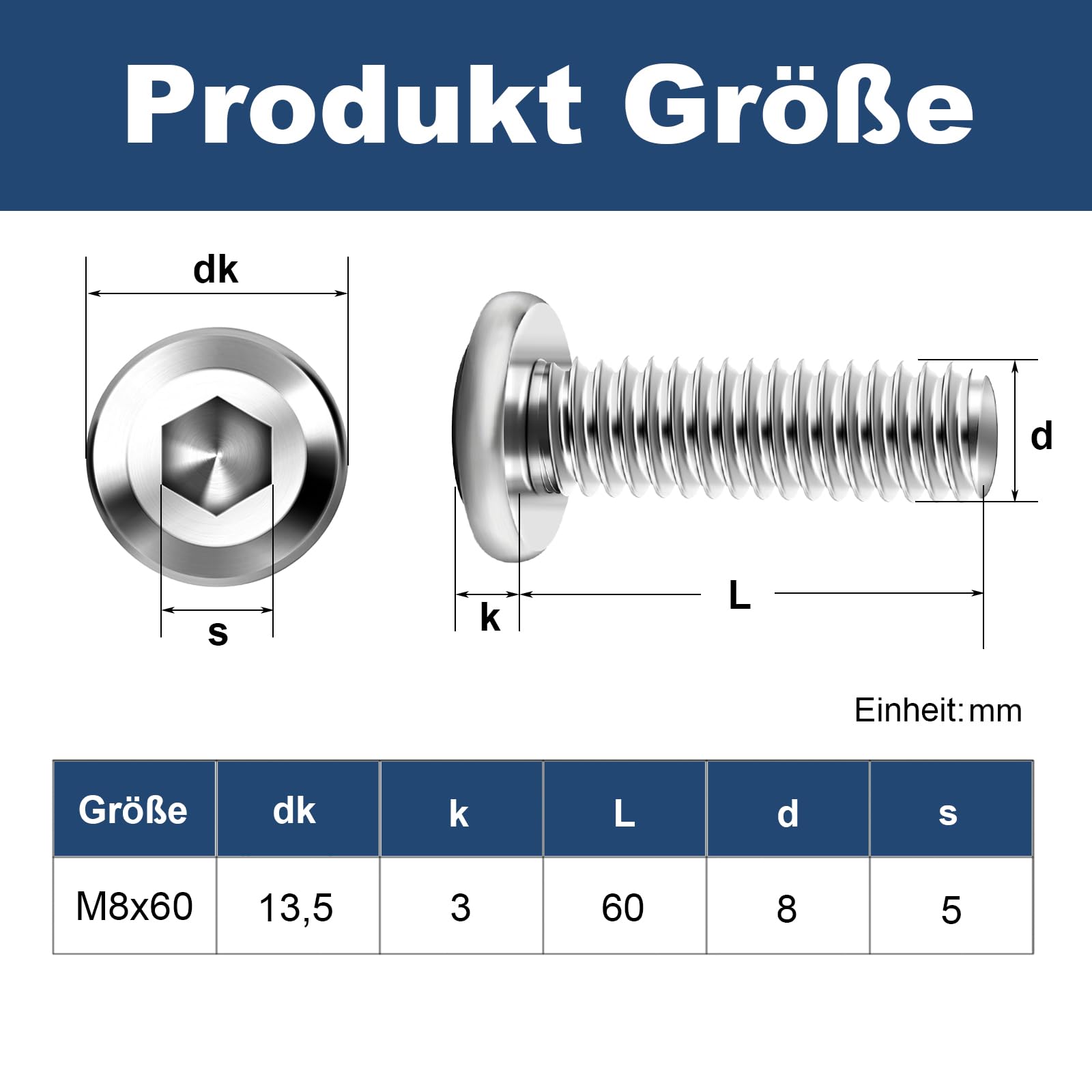 Lot de 20 vis à tête plate M8 x 60 mm avec six pans creux en acier inoxydable A2 V2A, filetage complet avec clé à six pans creux