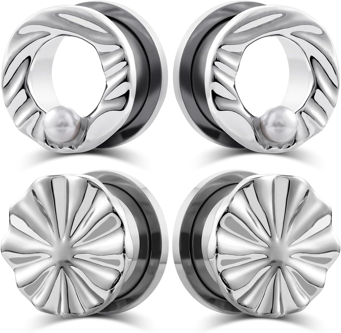 2pairs Leaf Shaped Ear Gauges with Pearls Stainless Steel Ear Tunnels and Plugs Gold and Silver Ear Gagues Screw Fit Expander Stretcher Piercings