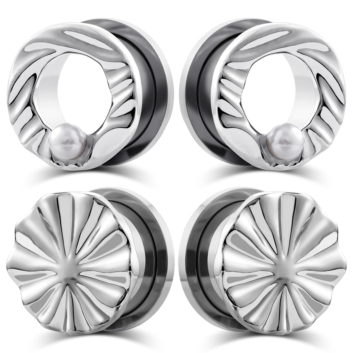 POBAISITER 2pairs Leaf Shaped Ear Gauges with Pearls Stainless Steel Ear Tunnels and Plugs Gold and Silver Ear Gagues Screw Fit Expander Stretcher