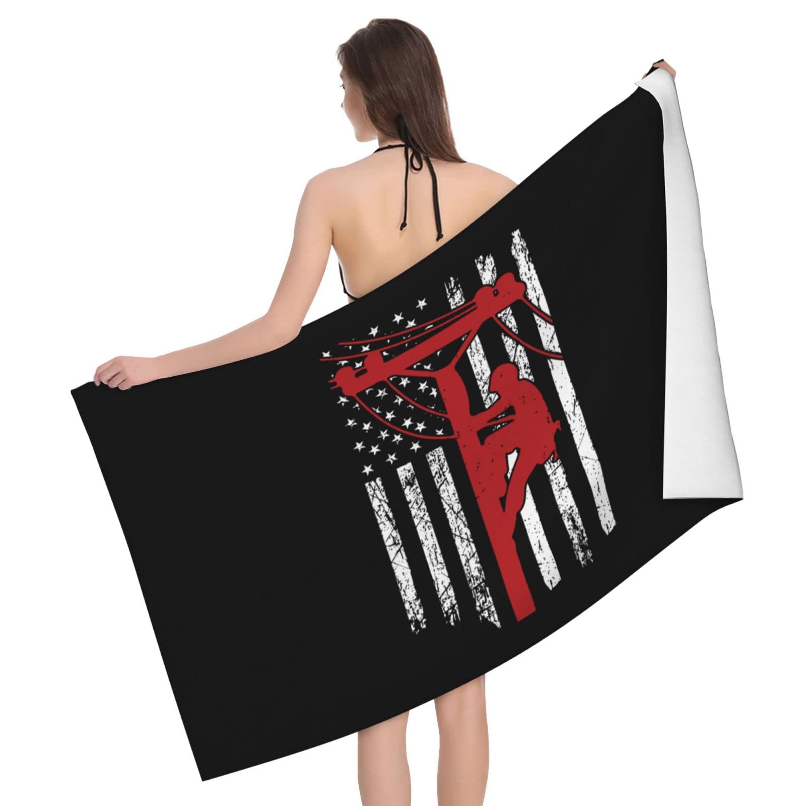 Lsjuee American Flag Electric Cable Lineman Bath Towel Absorb Water Quick Dry Bath Towel, for Beach, Swimming Pool, Camping