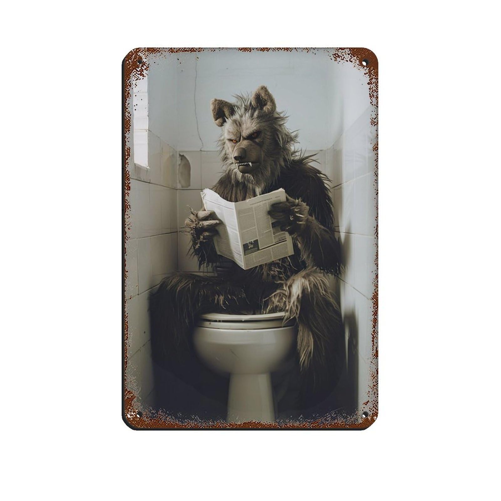 Werewolf Sitting on The Toilet Reading A Newspaper (6) Retro Poster Metal Tin Sign Chic Art Retro Iron Painting Bar People Cave Cafe Family Garage Poster Wall Decoration 8x12inch(20x30cm)