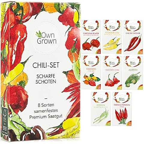 Chili Samen Set: 8 Sorten Chilisamen für Garten und Balkon - Premium Chilisortiment - Bunte und alte Chili Pflanzen - Chili Set mit milden und scharfen Chilli Pflanzen - Chili züchten mit OwnGrown Cover
