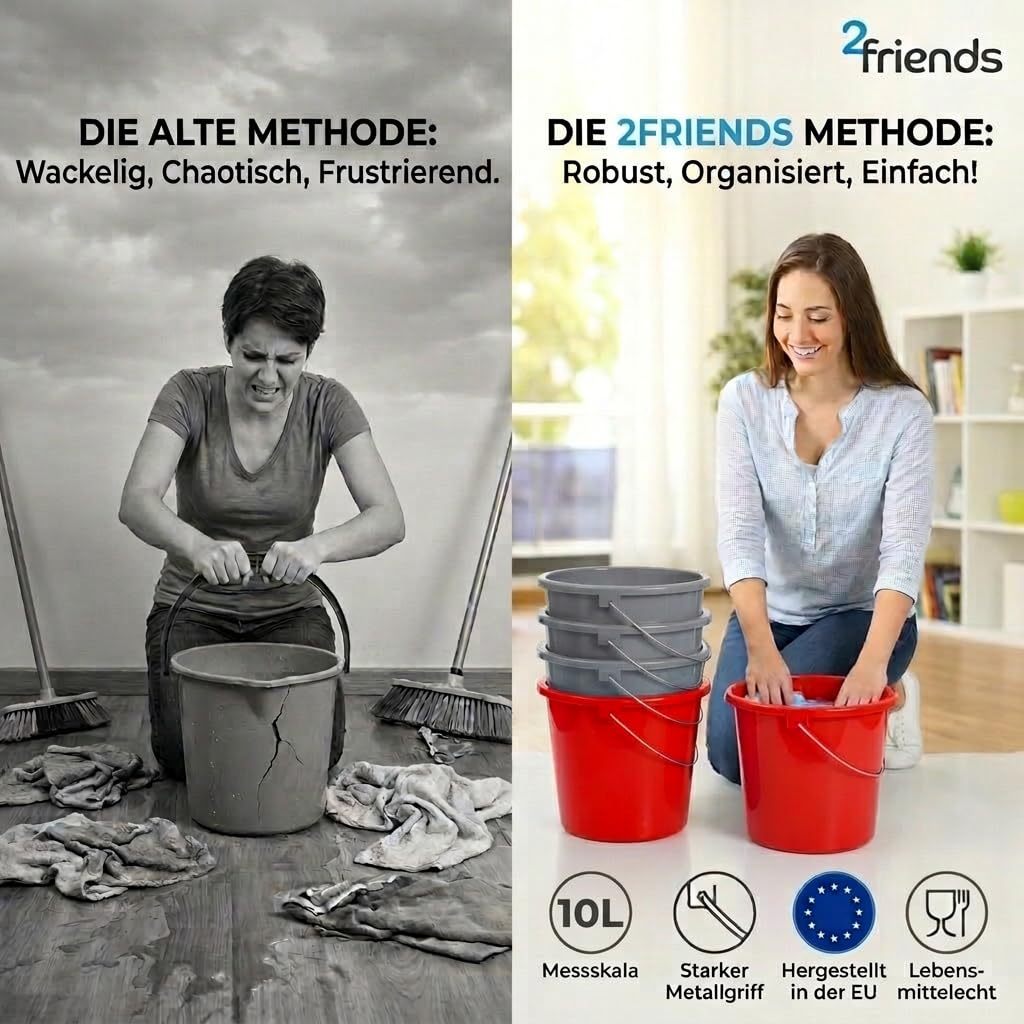 Sustania Juego de 3 cubos de 10 l con escala de medición, cubo de limpieza en rojo, azul, gris, fabricado en la UE, apto para alimentos, multiusos, plástico