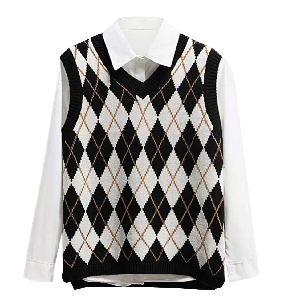 Lailezou Womens V Neck Knit Sweater Vest Argyle Plaid Preppy Style Sleeveless Crop Knitwear Tank