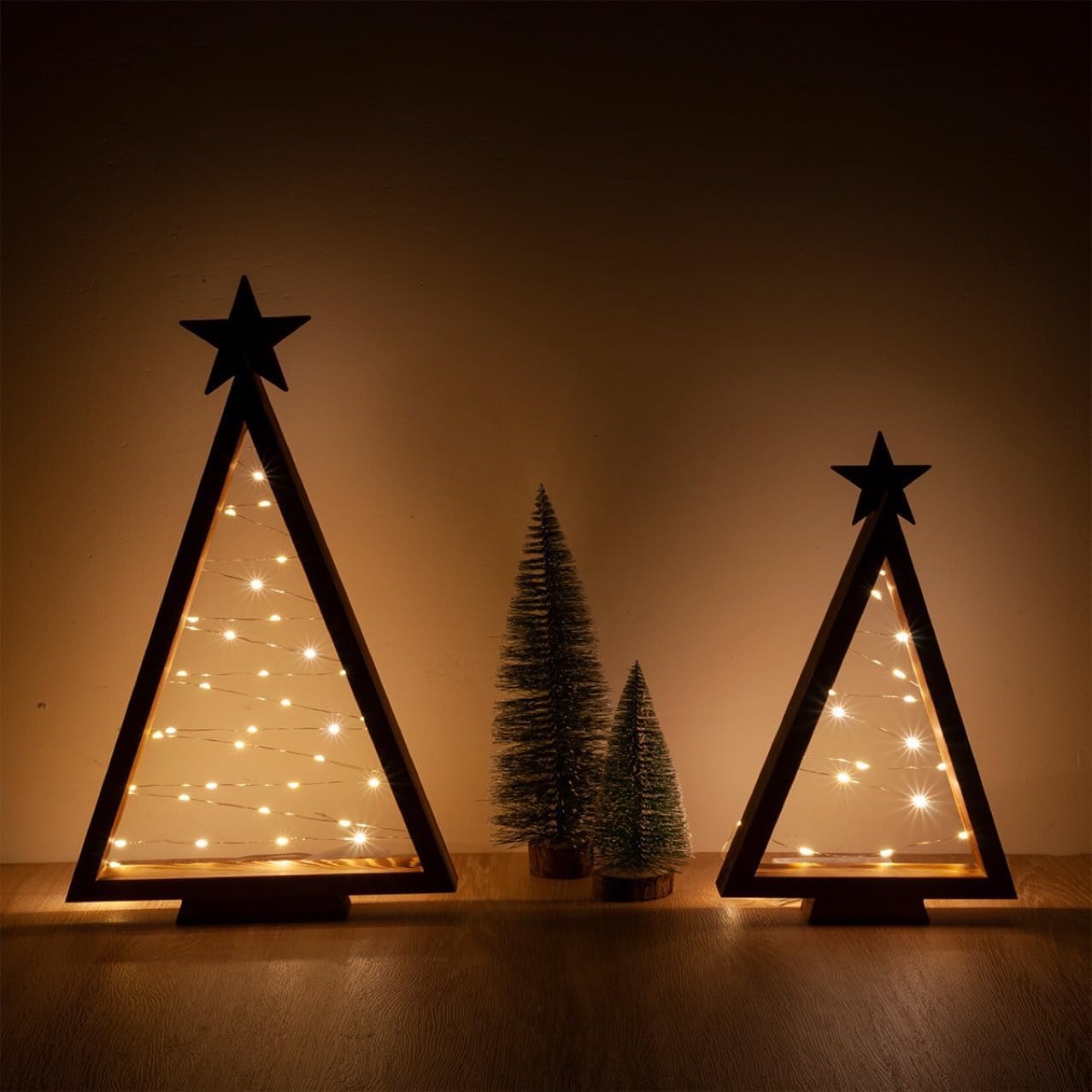2pcs Light Up Wooden Christmas Trees, Handmade Tabletop Christmas Tree Decorations with LED Lights, Festive Christmas Table Lamp for Holiday Home Decor and Seasonal Celebrations (Set A)