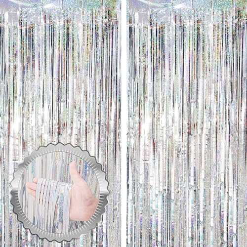 Voircoloria 2 Pack Laser Silver Tinsel Foil Fringe Curtains, Silver Party Decorations, Metallic Tinsel Party Streamers Backdrop for Birthday Baby Shower Graduation Wedding Party Decorations