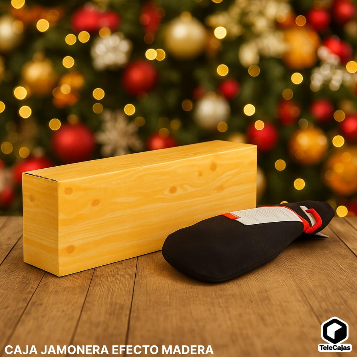 TELECAJAS | 5 Cajas Jamón Efecto Madera EXTRAFUERTES - (89x13x27 cms) Doble Solapa | Asa integrada | Pack de 5 Estuches