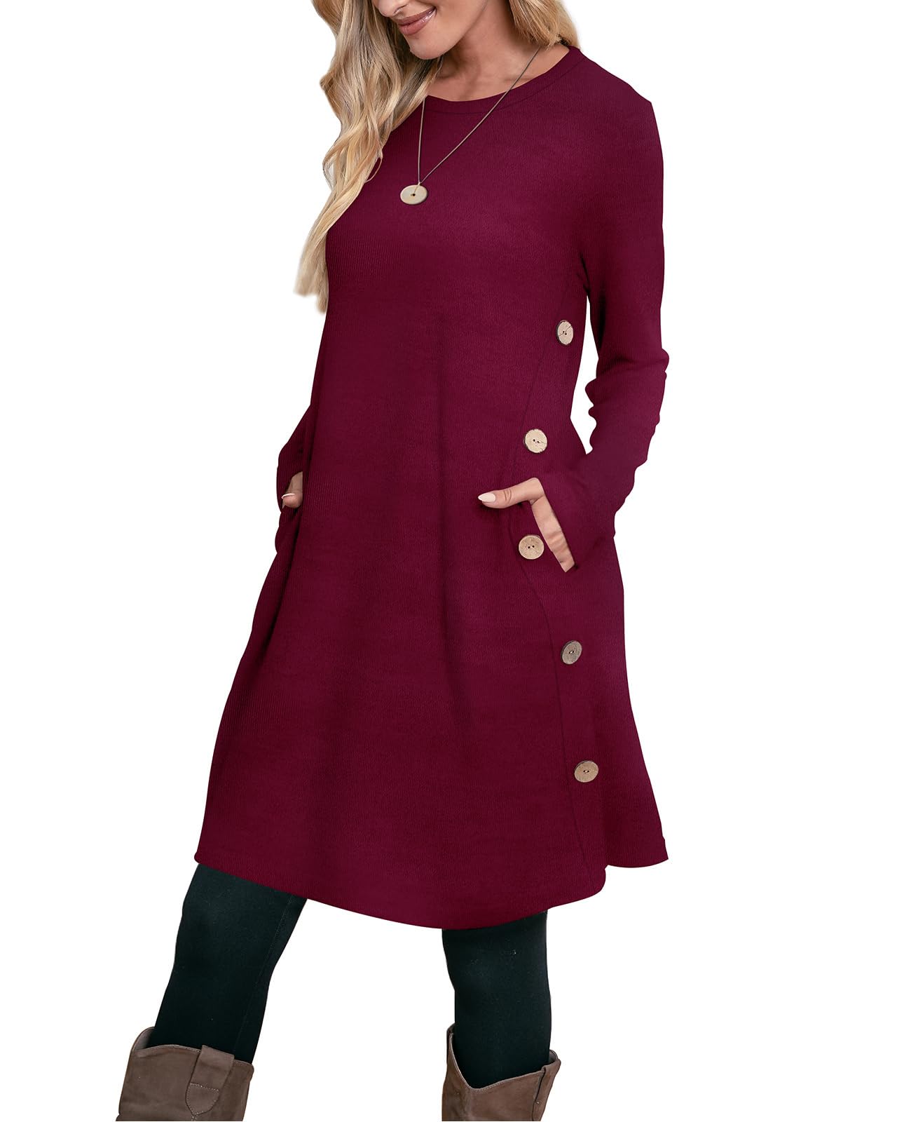OFEEFAN Long Sleeve Dress for Women Winter Dress with Pockets Buttons Side