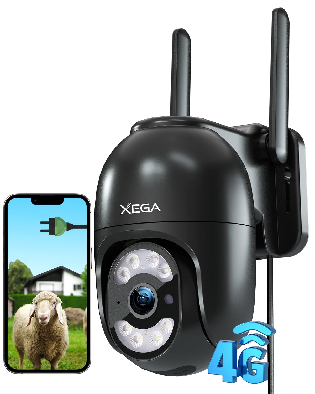 Xega 4G Camara Exterior con Tarjeta SIM, 24/7 Grabación Continua Cámara Vigilancia con Cable, PTZ 355°/100°, Detección Humano Seguimiento Automático Visión Nocturna Luz Sonido Alarma【Carga por Cable】