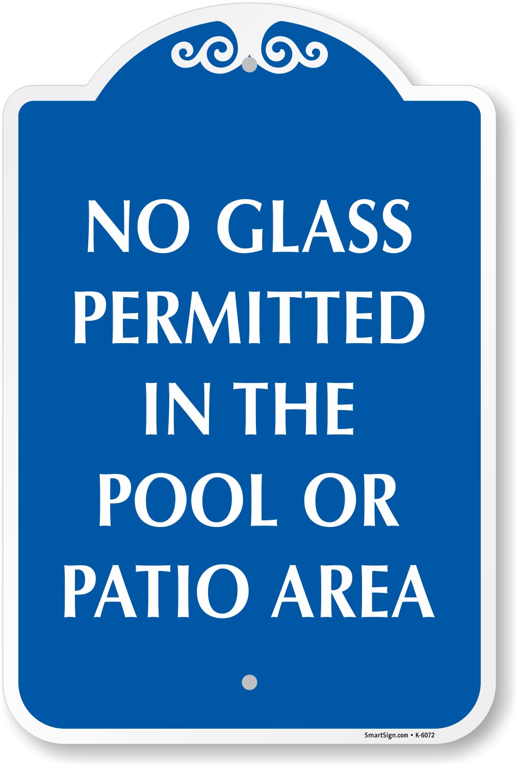 SmartSign Designer Pool Rule “No Glass Permitted In The Pool Or Patio Area” Sign with Symbol, 18 x 12 inch Sign, 120 mil Aluminum Composite (ACM) with Overcoat, Blue/White, Made in USA