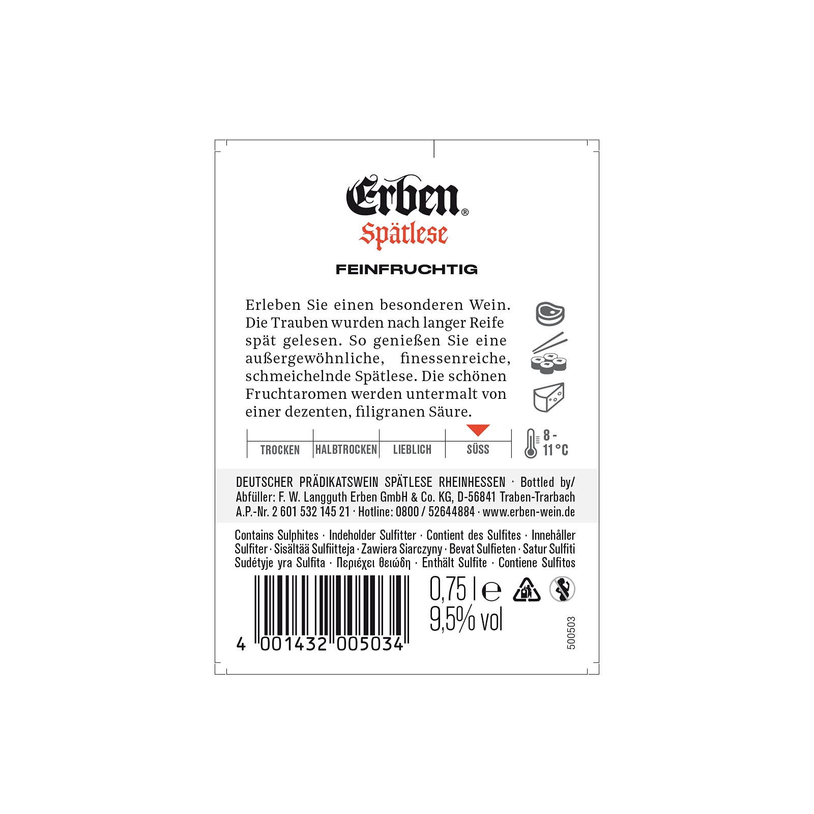 Erben Spätlese Feinfruchtig – Weißwein aus Deutschland – Prädikatswein – 6 x 0,75 l