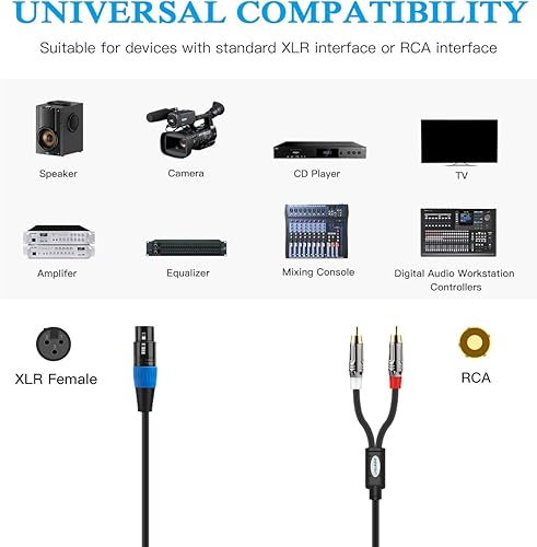 Miniatura 2 de JOLGOO Cable de ruptura XLR hembra a doble RCA y divisor en Y, 1 XLR hembra a 2 RCA macho cable adaptador de cable de conexión Y, 6.6 pies