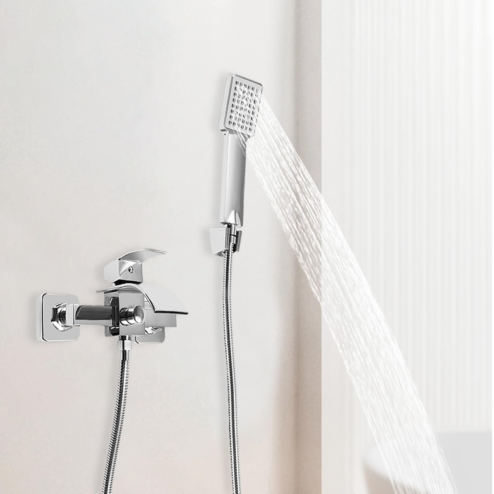Alcachofa de ducha de alta presión, cabezal de ducha con manguera y 2 salidas de agua, soporte de pared con soporte de ducha con rosca de 1/2", de acero inoxidable, color plateado