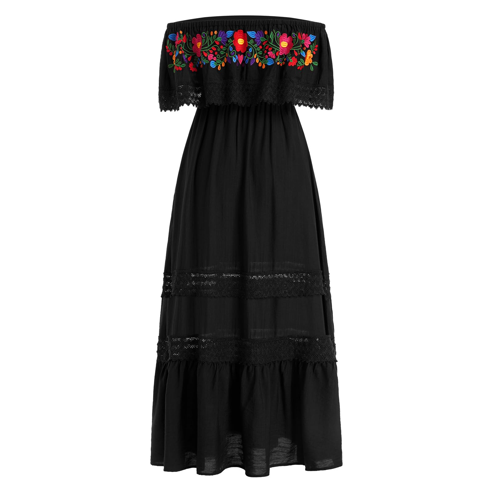 Odizli Abito da donna lungo estivo spento a spalla messicano boho floreale ricamo pizzo a linee A maxi