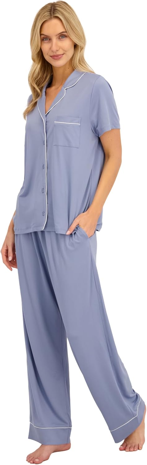 Jessica Simpson Women’s Button Down Pajama Set with Notch Collar & Short Sleeves, 2 Piece Sleepwear & Loungewear, Relaxed Fit