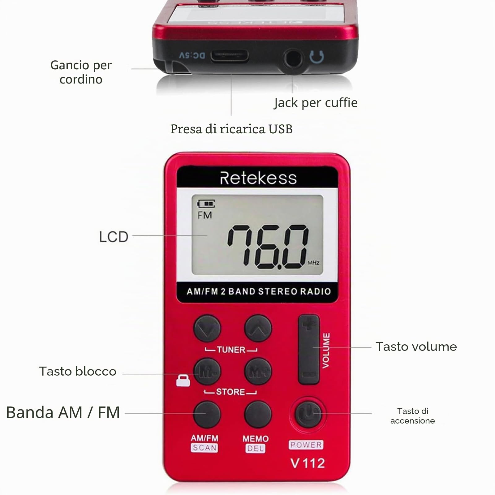 Retekess V112 Mini Radio Portatile AM FM Ricaricabile con Cuffie a Batteria Rosso