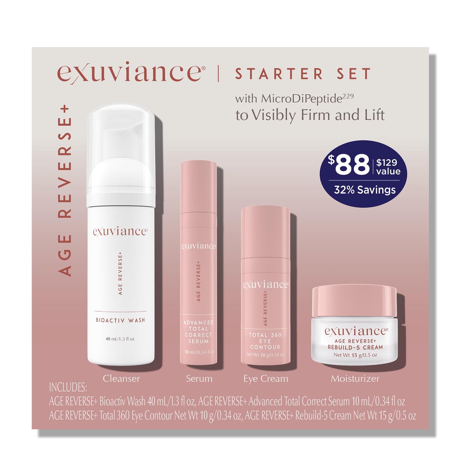 EXUVIANCE AGE REVERSE+ Anti Aging Skin Care Set - Mini Starter Kit Includes: Exfoliating Face Wash, Anti-Wrinkle Serum, Brightening Eye Contour, Firming Face Cream, for Wrinkles and Fine Lines - 4 ct