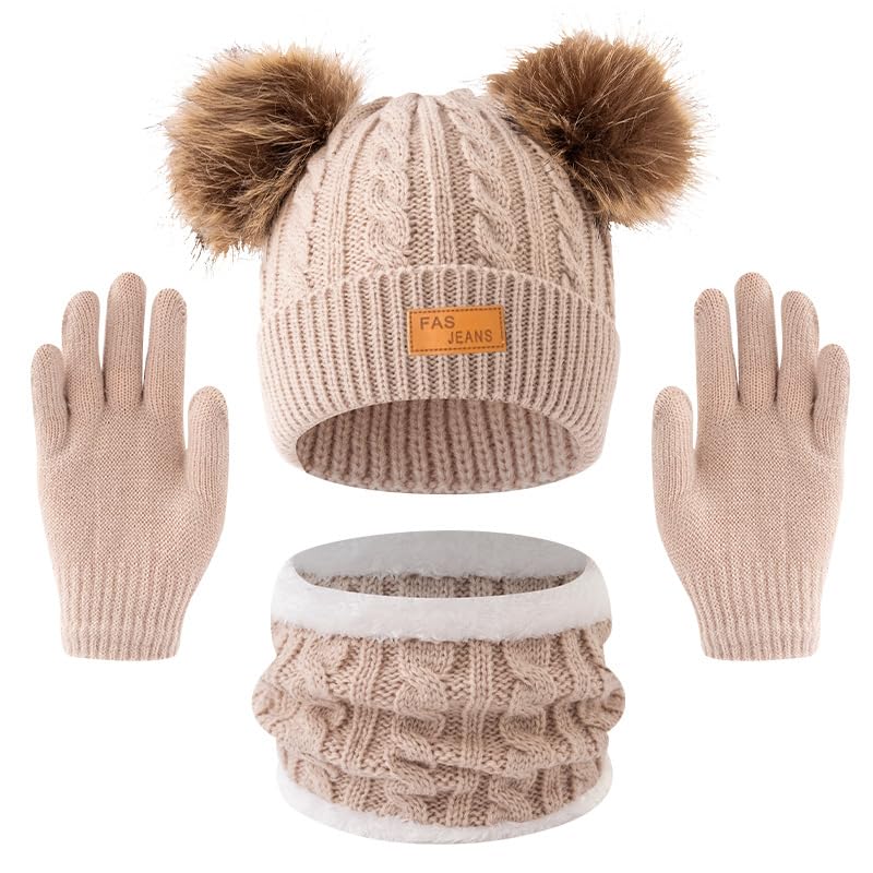 Set de Bufanda Gorro y Guantes, Conjunto de Bufanda Sombrero y Gorro Niño Invierno, Gorros con Pompon Lana NiñoBraga Cuello Polar y guantes de punto cálidos para niño 2-6 Años