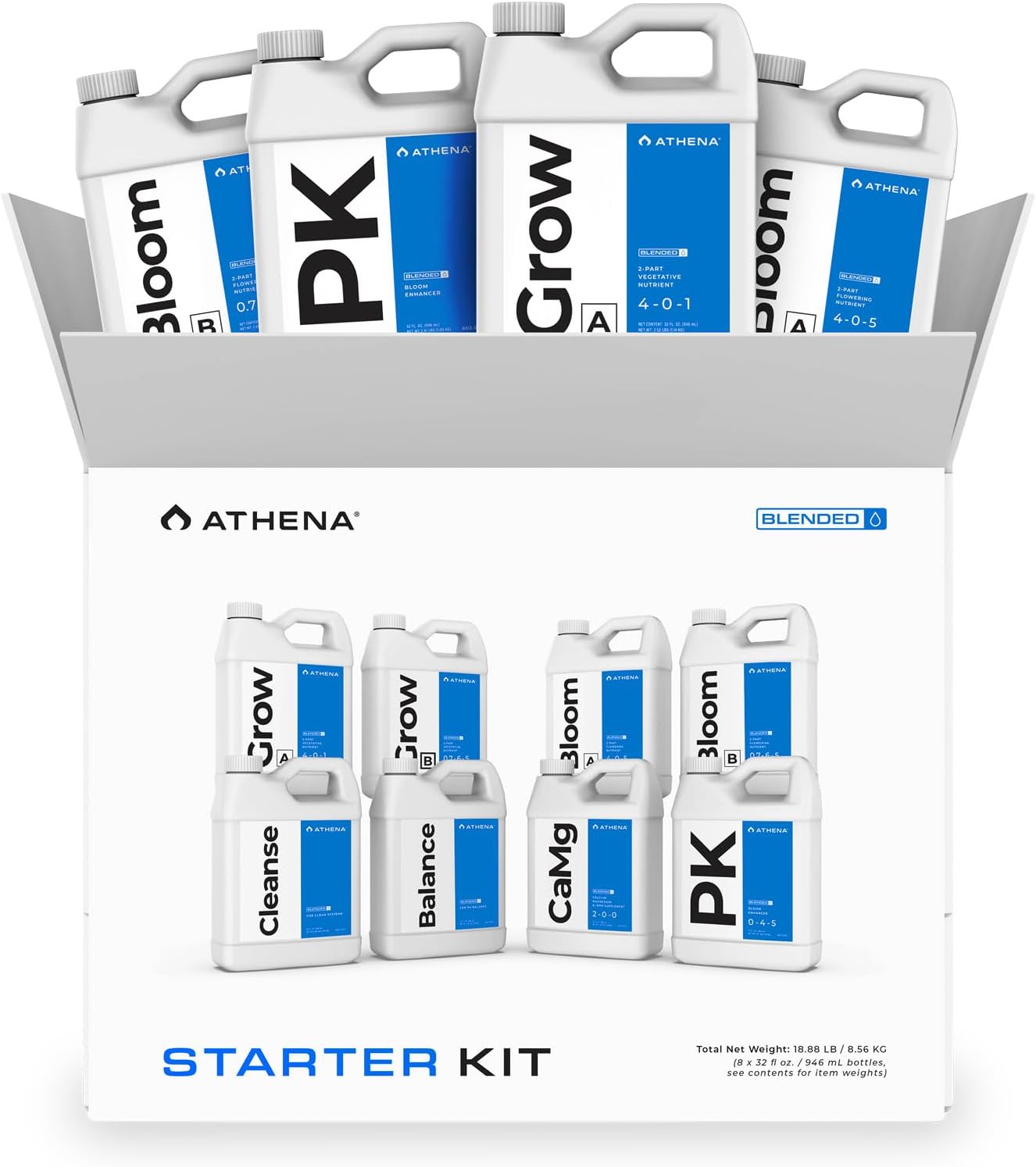 Athena Blended Line Complete Nutrient Kit | 8-Part Hydroponic Fertilizer System | Grow A&B, Bloom A&B, PK, CaMg, Balance, Cleanse | Liquid Plant Food for Veg & Flowering | 32 Ounce