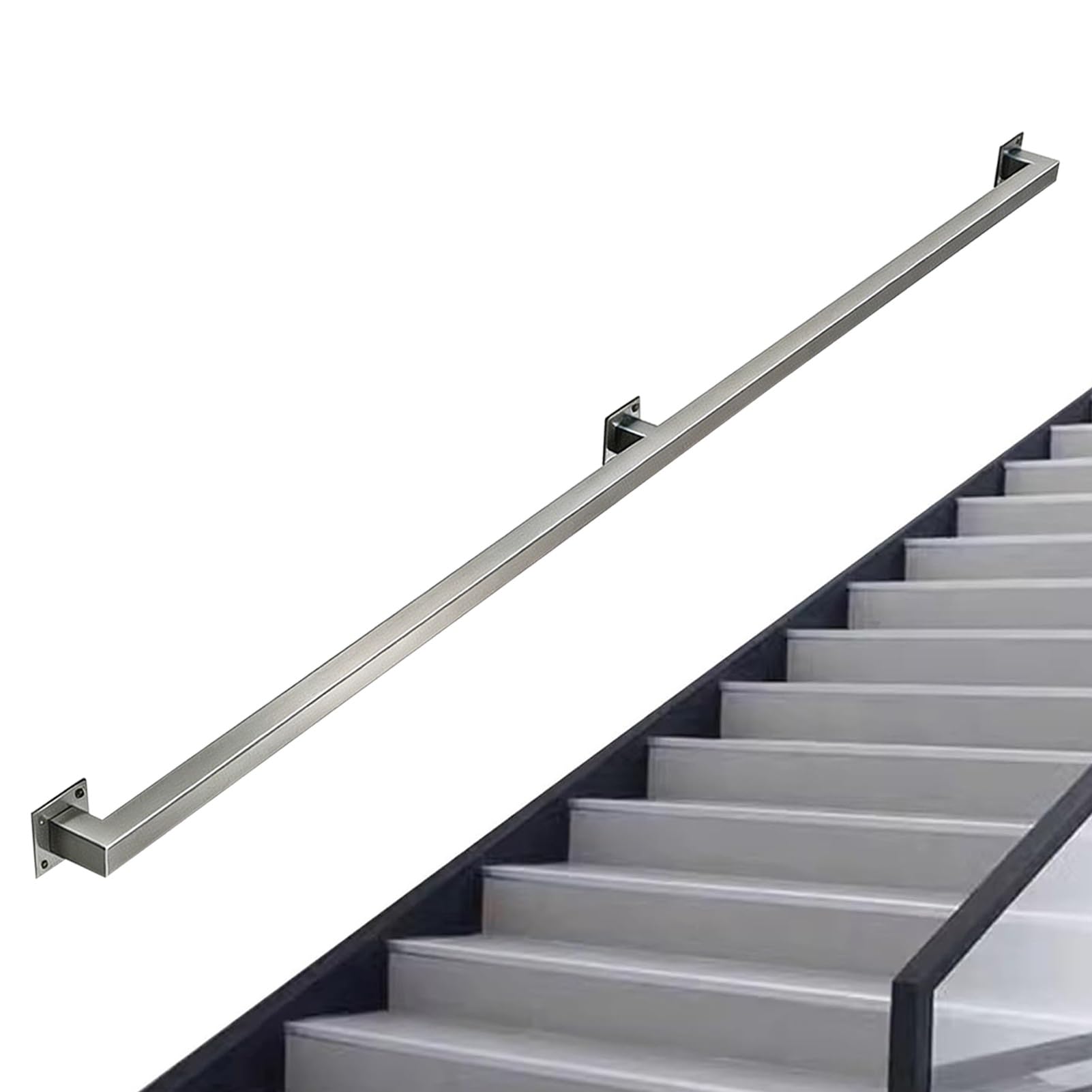 Hamankim One Color Stair Banister Hand Rails - Silver Brushed Stainless Steel Grab Bar - Wall Balustrade Square Pipe Non-Slip Railing With Fittings, For Indoor Outdoor Loft Porch Garage Deck(1Ft/0.3M)
