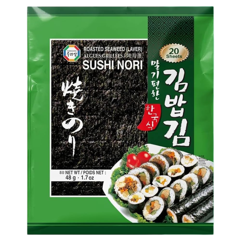 Surasang Premium Nori Sheets for Sushi & Gimbap - Korean Roasted Seaweed Sheets, 20 Full Size Sheets, Pack of 1 - Naturally Salty Sushi Nori with Umami Flavor, 10 Calories, No Sugar