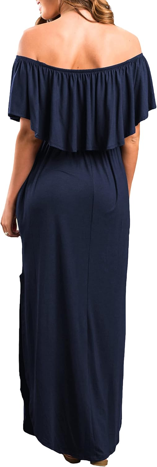 Sarin Mathews Womens Off The Shoulder Ruffle Party Dress Casual Side Split Beach Long Maxi Dresses with Pockets - Image 4