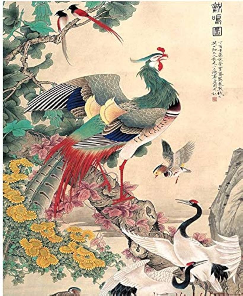中国美術 胡錦島 花鳥図 水彩画 アート 絵画 額縁 額装 芸術 壁掛け飾り Amazon.co.jp: 百羽の鳥が鳳凰へのオマージュを払っています中国