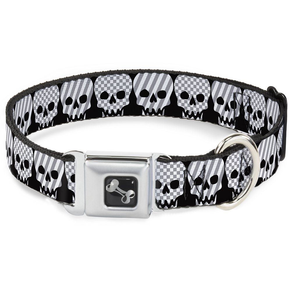 Buckle-Down Obroża dla psa z klamrą pasa bezpieczeństwa - czaszki w kratkę i paski czarne/białe/szare - szerokość 3,8 cm - pasuje na szyję 45-81 cm, rozmiar L