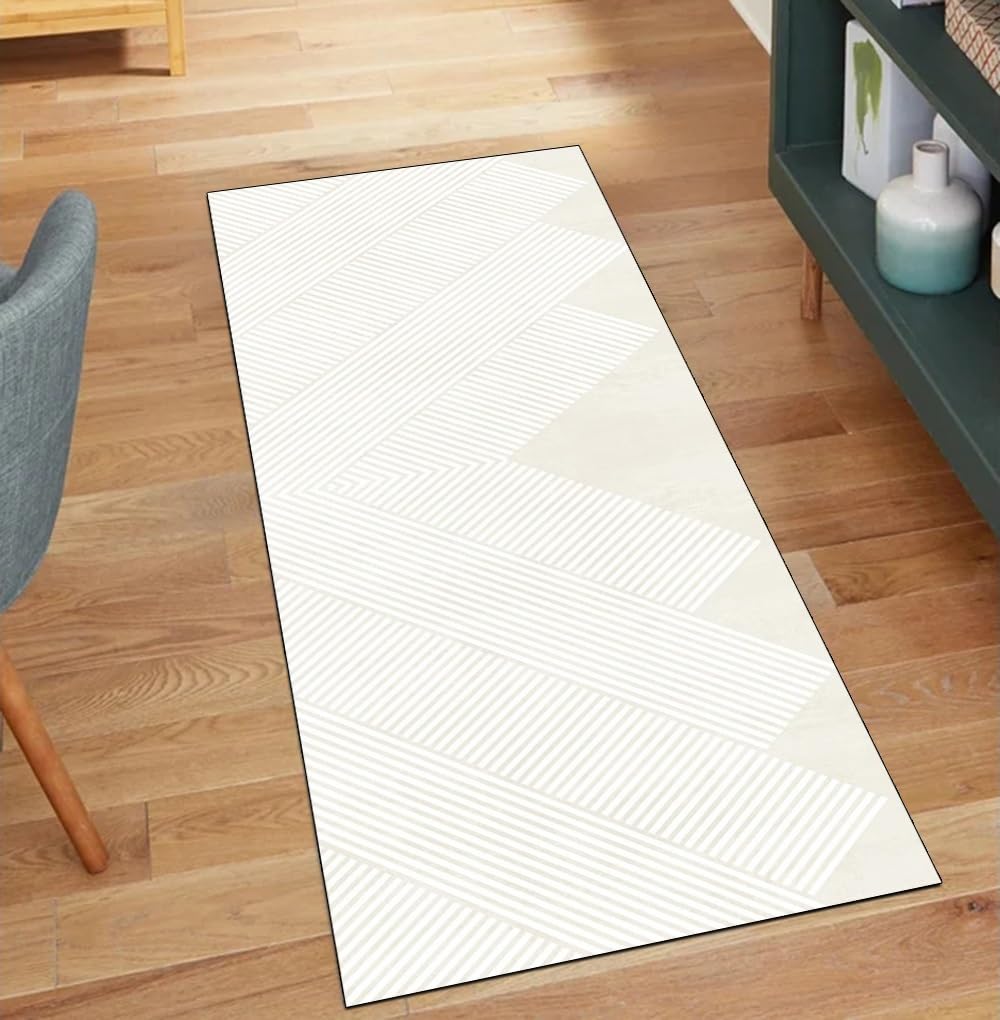 Alfombra de pasillo antideslizante y lavable con diseño a rayas beige de 100x220 cm