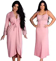 Kit Gestante Maternidade, Roupão e Camisola Longos com Recorte Lateral para Amamentação, Ideal para Enxoval