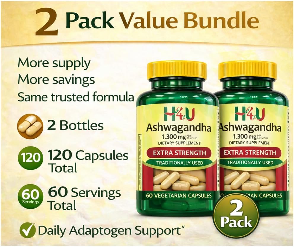 H4U 4 TOP Care Ashwagandha Dietary Supplement, 1300 mg, Stress Relief and Mood Enhancer, 60 Vegetarian Capsules (Pack of 2)