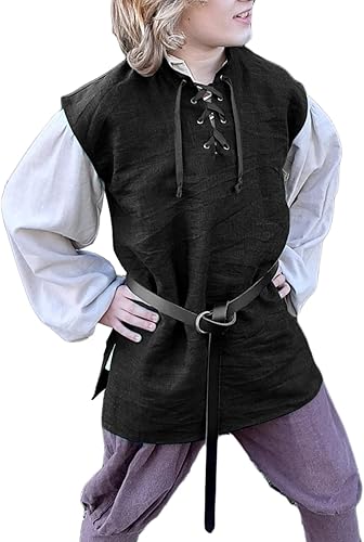 Miniatura 4 de Camisetas de pirata renacentista para niños, estilo vikingo, medieval, sin mangas, con cordones, de algodón escocés