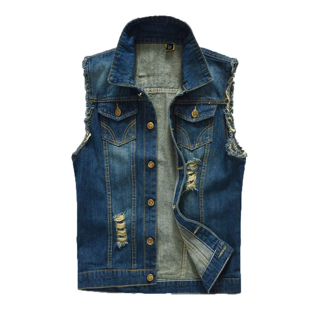 iYYVV Mens Denim Vest Casual Cowboy Jacket Ripped Holes Sleeveless Tops