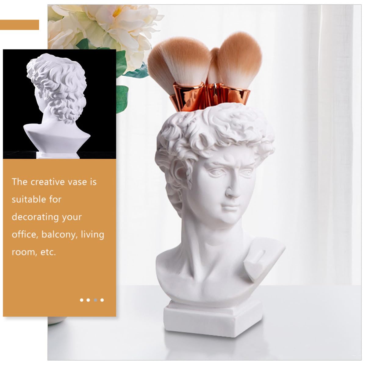 jojofuny Porte-Stylo et Vase Décoratif en Résine Blanche 25 Cm, Sculpture Artistique Visage Humain, Rangement Pinceaux Maquillage pour Salon ou Balcon
