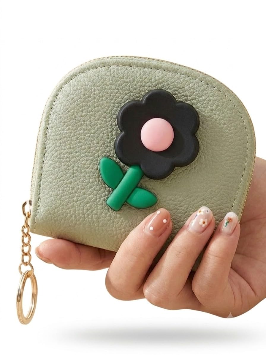 Women's Black Coin Purse Wallet with Cute 3D Flower Applique | RFID Protected Zipper Wallet with Keyring Chain | Mini Card Holder & Coin Pouch | Compact Ladies Purse for Daily Use & Gifting (Sage)-image-31