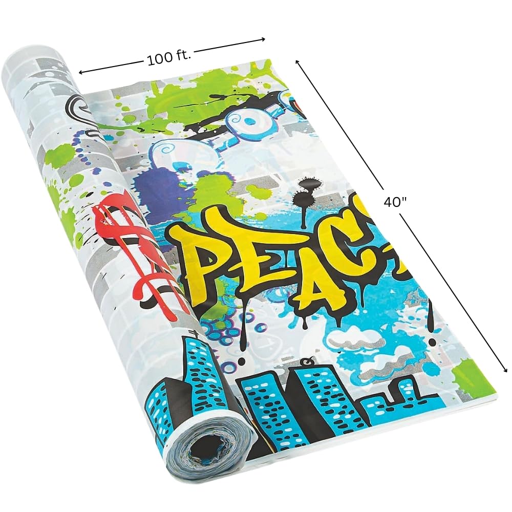 Fun Express Graffiti Print Tablecloth Roll (100 feet Long) 90's Party Supplies