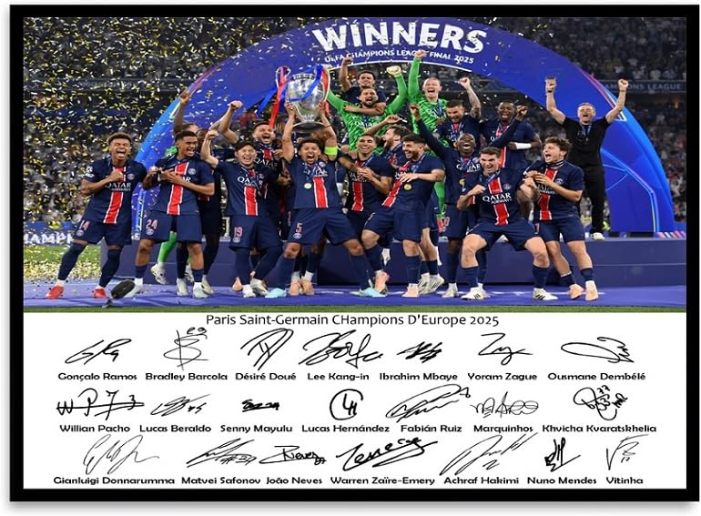 Affiche imprimée Champions d’Europe 2025 Psg Format A4 Cadeau pour les fans de football