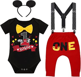 IMEKIS Toddler Boys Mouse 2nd Birthday Outfit Bowtie Romper Long Pants Headband Fall Winter Cake Smash Clothes
