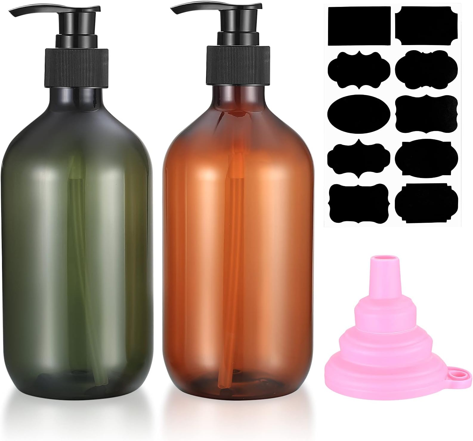 2 Pcs Pump Bottle Dispenser, 500ML/17oz Refillable Empty Press Pump Bottles, Plastic Liquid Soap Dispenser Storage Holder Container for Lotions, Shampoo, Conditioner, with Funnel, Label Paper