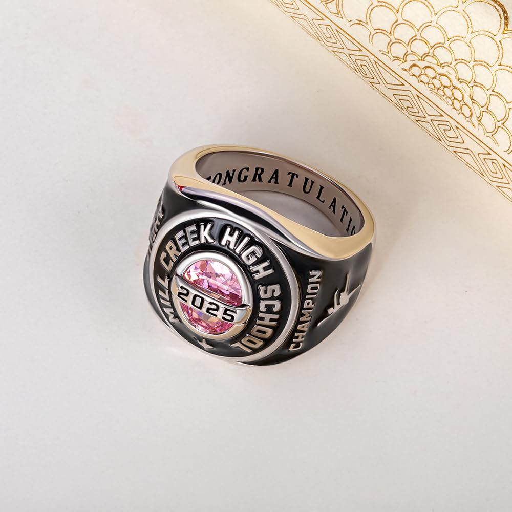 Personalisierter Klassenring mit individuellem Logo-Symbol für Damen und Herren, mit individuellem Text, Geburtsstein und Siegel – Universitäts-Abschlussring, High School, College, Meisterschaftsring