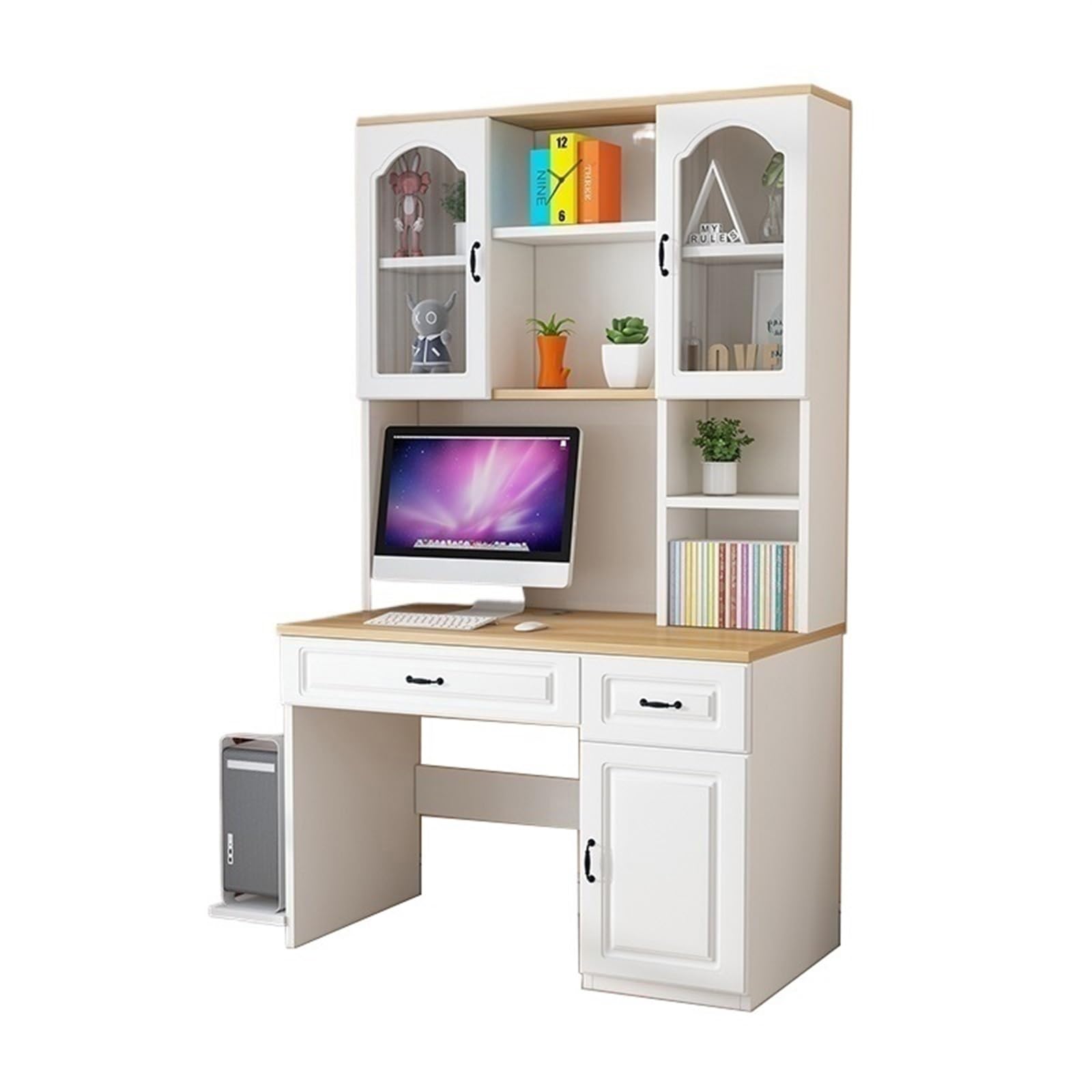 ASerZenith Solid Wood Desk And Bookshelf Combination, Home Study Desk And Bookcase Integrated Writing Desk,Wood+White 100X60X182.5Cm