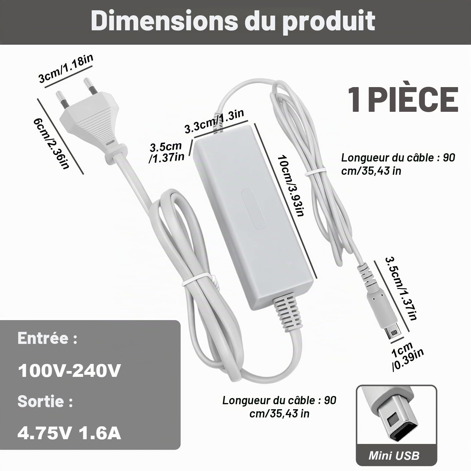 Chargeur pour Wii U Gamepad 4.75V 1.6A Adaptateur Secteur de Remplacement | Câble Adaptateur d'alimentation Charge Remplacement Compatible avec Nintendo Wii U Gamepad AC 100-240V