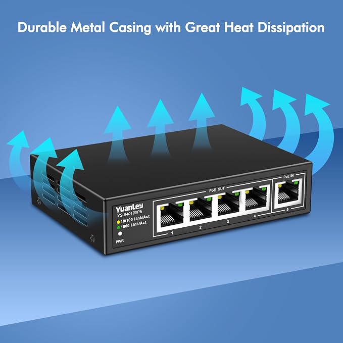YuanLey Extensor PoE 5 Puertos Gigabit 90W Metal miniatura 5