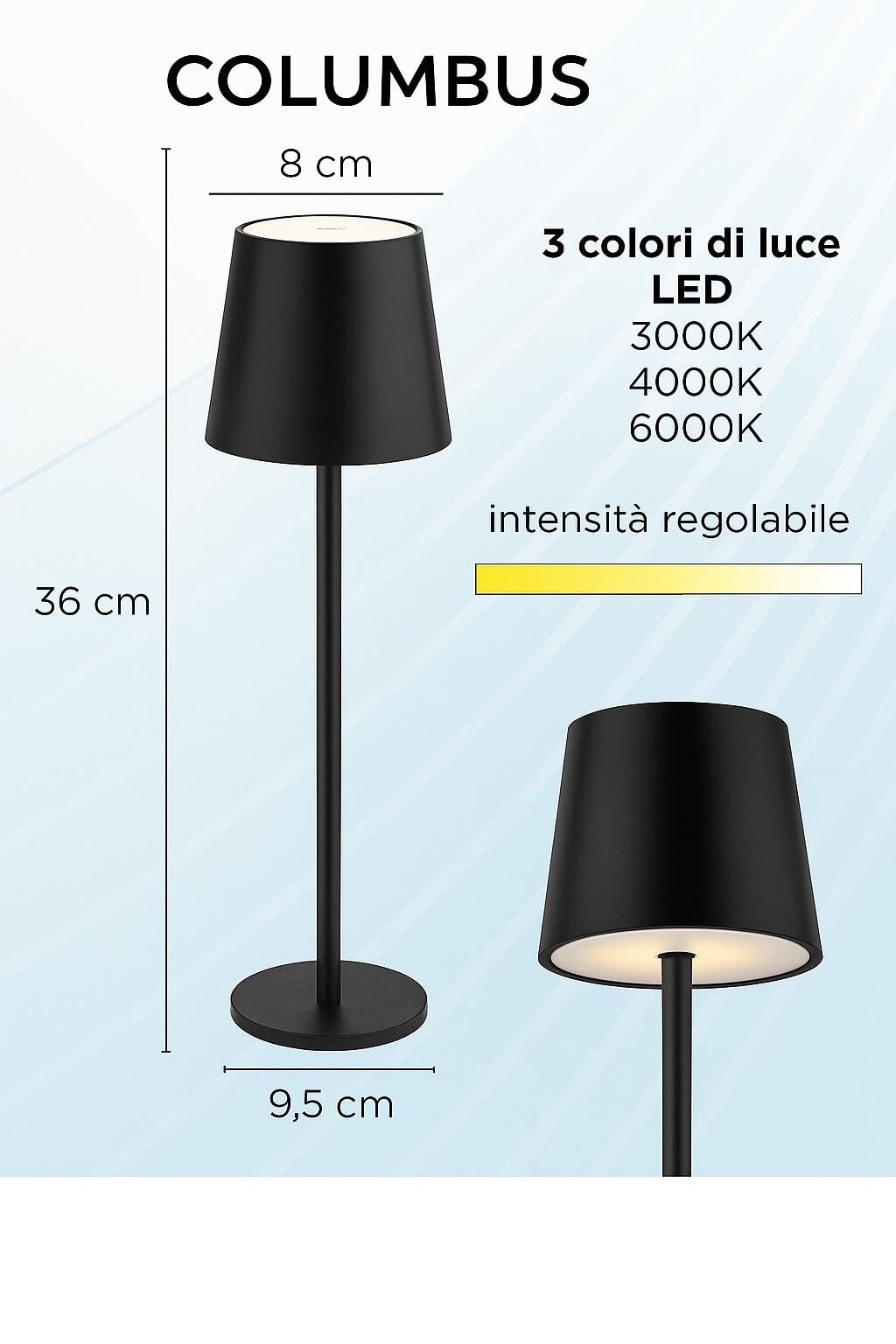 LEOLUX COLUMBUS NERO - Set 5 Lampade da Tavolo LED Ricaricabili – Design Moderno in Alluminio Nero Opaco – 3 Colori di Luce – Touch Dimmer – Wireless – Per Casa, Ristorante, Bar, Terrazza