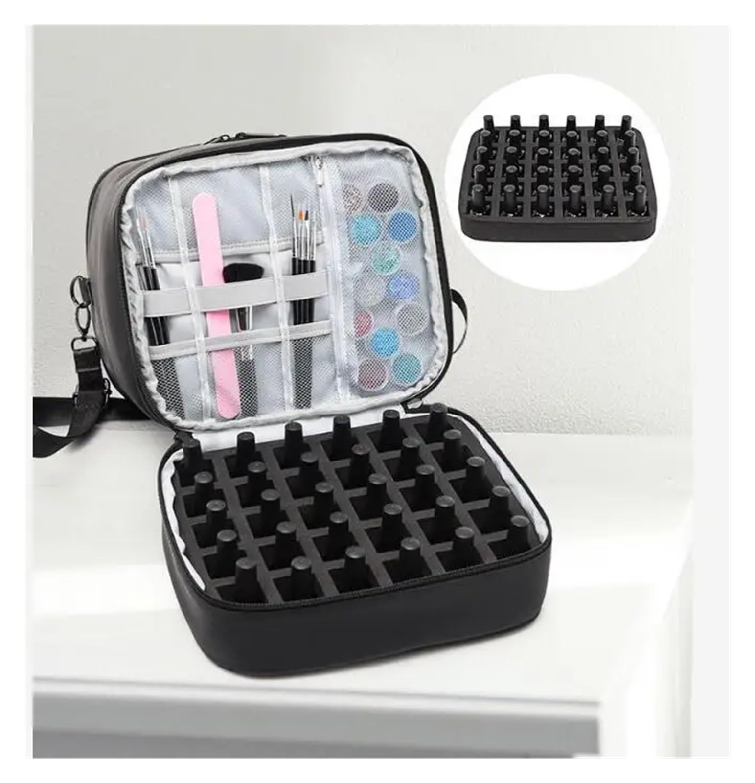 Sac de Rangement Vernis à Ongles, organisateurs et Mallette, Porte-Outils Nail Art Double Couche, Sac Pochettes séparateur pour Ranger Les Accessoires de Nail Art(Black)