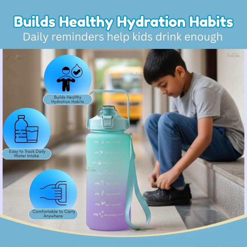 Image of MOTIVATIONAL 3-Pcs (2000ML-900ML-300ML) Water Bottle with Straw & Time Marker | Leak-Proof Sports Bottle for Gym, Office, School | Break-Resistant Silicone Bottle for Hydration(Blue-Pink)