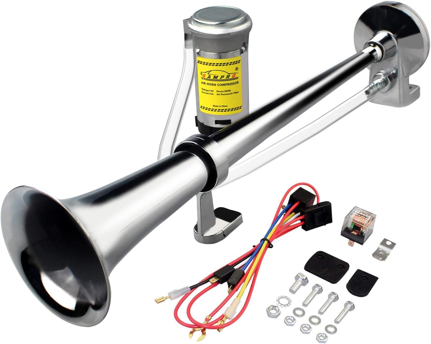 GAMPRO 12V 150DB Car Air Horns, 18 Inches Chrome Zinc Single Trumpet Truck Air Horn with Compressor for Any 12V Vehicles Trucks Lorrys Trains Boats Cars (SILVER)